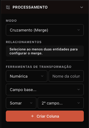 Print da Gaveta da Esquerda mostrando a seção de Processamento, o botão Adicionar Relacionamento e a escolha das Entidades A e B